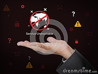 Service unavailable concept background with globe hovering on the hand along side errors. Interrupted service, error, system Stock Photo