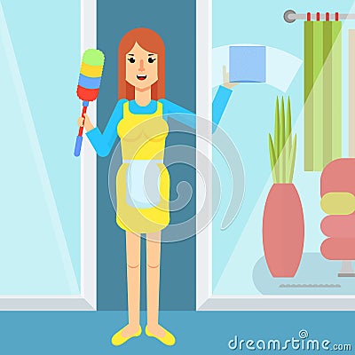 Service woman washes window Vector Illustration