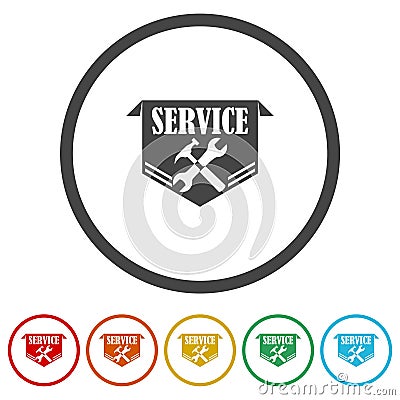 Service work repair label or logo. Set icons in color circle buttons Vector Illustration