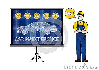 Serviceman with car maintenance chart board vector illustration Vector Illustration