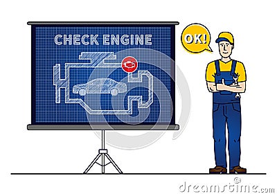 Serviceman with check engine chart board vector illustration Vector Illustration