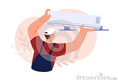 Serviceman repairing or installing air conditioner vector illustration isolated. Vector Illustration