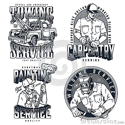 Servicemen and workers vintage emblems set Vector Illustration