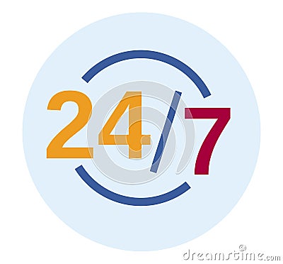24 7 services concept with clock symbol representing round-the-clock availability. Simplified number design, customer Vector Illustration