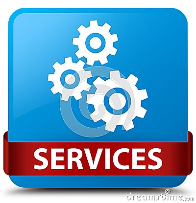 Services (gears icon) cyan blue square button red ribbon in middle Cartoon Illustration