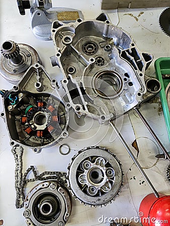 Servicing and disassembling the engine block in the workshop Stock Photo