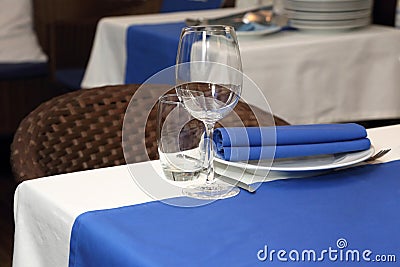 Serving banquet table in a restaurant in blue and white style Stock Photo