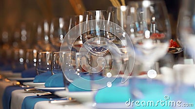 Serving banquet table in a restaurant in blue and white style Stock Photo