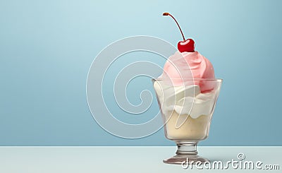 A serving of cherry ice cream topped with fresh berry in a glass sundae bowl against a soft blue background Stock Photo