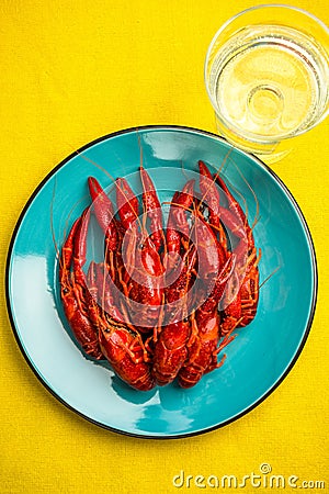 Serving Colorful Red Crayfish or Lobster, Top View,Vibrant Modern Color Stock Photo