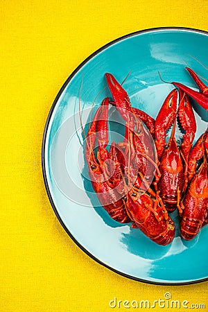 Serving Colorful Red Crayfish or Lobster, Top View,Vibrant Modern Color Stock Photo