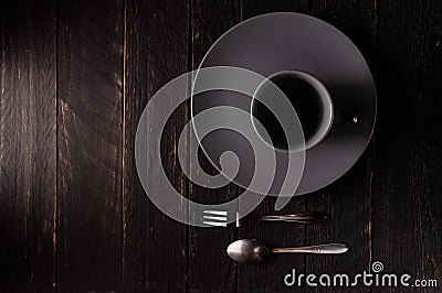 Serving dishes for dessert and coffee. Gray mug and plate. Empty dishes. Flat lay. Stock Photo