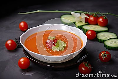 serving of gazpacho, garnished with cucumber and cherry tomatoes Stock Photo