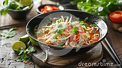 A serving of pozole, a beloved Mexican dish featuring tender meat, hominy, and a flavorful broth, garnished with fresh cilantro, Stock Photo