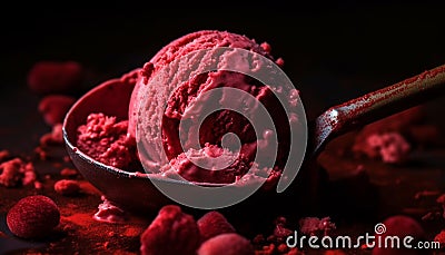 Serving scoop of gourmet ice cream with raspberry and chocolate generated by AI Stock Photo