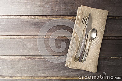 Serving table with rustic style and old flatware on wooden table Stock Photo
