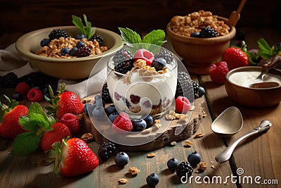 Serving of yogurt with fresh berries and granola AI generated Stock Photo