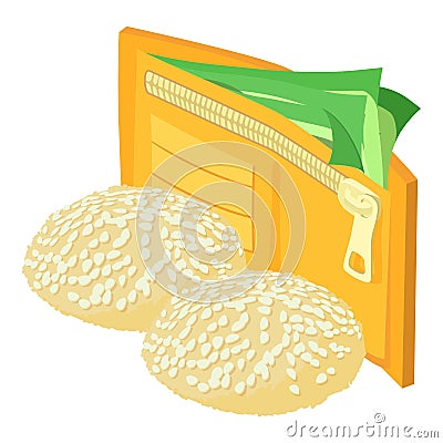 Sesame cookie icon isometric vector. Homemade sesame cookie and opened wallet Stock Photo
