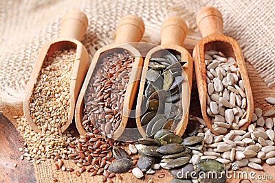 Sesame, flax, pumpkin and sunflower seeds Stock Photo