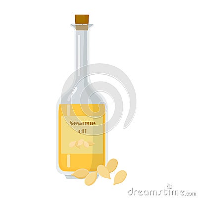 Sesame oil in glass bottle with seeds. Vector Illustration