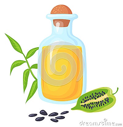 Sesame oil icon. Glass bottle with seeds. Cartoon food Vector Illustration