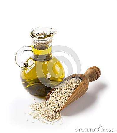 Sesame oil and seeds Stock Photo