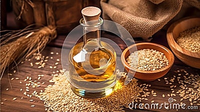 Sesame vegetable oil with grains and fields background, vegetarian dressing for salads and cooking. Stock Photo