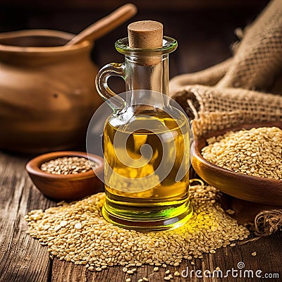 Sesame vegetable oil with grains and fields background, vegetarian dressing for salads and cooking. Stock Photo