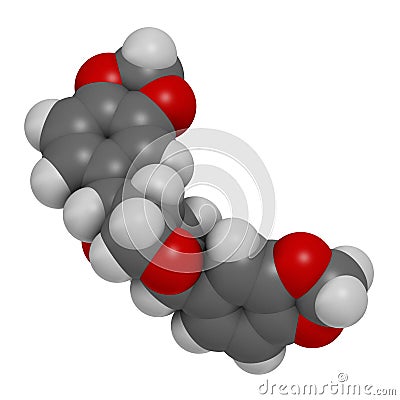 Sesamin molecule. Lignan present in sesame oil. 3D rendering. Atoms are represented as spheres with conventional color coding: Stock Photo