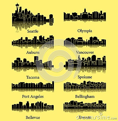 Set of 10 City Silhouette in Washington ( Seattle, Olympia, Auburn, Vancouver, Takoma, Spokane, Bellevue, Everett ) Vector Illustration