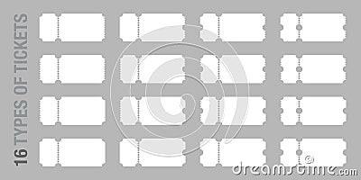 Set of 16 blank or empty ticket template. Cinema, theater, concert and boarding tickets, discount and sales coupons Vector Illustration