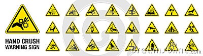 Set of 24 isolated Hand Crush Force hazardous symbols on yellow round triangle board warning sign Vector Illustration