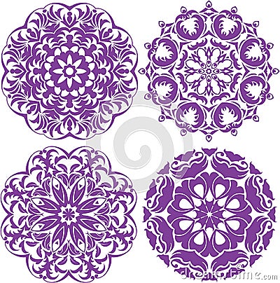 Set of 4 one color round ornaments, Lace floral patterns Vector Illustration