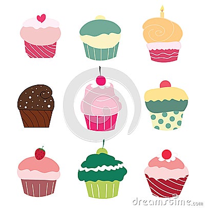 Set of 9 cute cupcakes Stock Photo