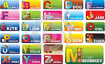 Set of abc alphabet cards for learning new sounds and words Vector Illustration