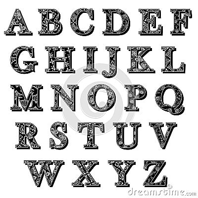Set of ABC antiqua alphabet letters with pattern Vector Illustration