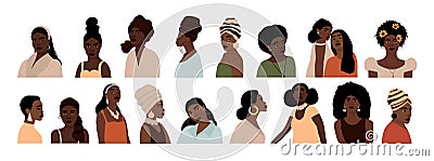 Set of abstract african american woman portraits isolated on white background Vector Illustration