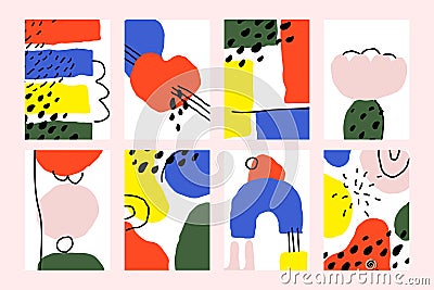 Set of abstract backgrounds with hand drawn doodle objects. Modern collage of various organic shapes for trendy pre-made poster Vector Illustration