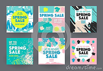 Set of Abstract Banners for Social Media Marketing. Spring Sale Offer for Shop or Discounter, Shopping Posters in Simple Style Vector Illustration