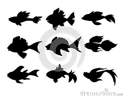 Set of abstract black fish silhouettes. Marine animals at depth. Vector illustration isolated on white background. Fish shape Vector Illustration