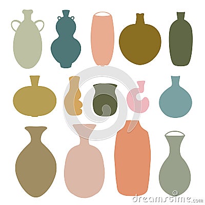 Set of abstract ceramic vase shapes. Various pottery cups in warm boho colors. Contempory modern collection of design elements Vector Illustration