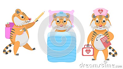 Animal Tigers Sick With A Thermometer, Schoolboy With Briefcase And Pencil, Doctor With First Aid Kit Vector Stock Photo