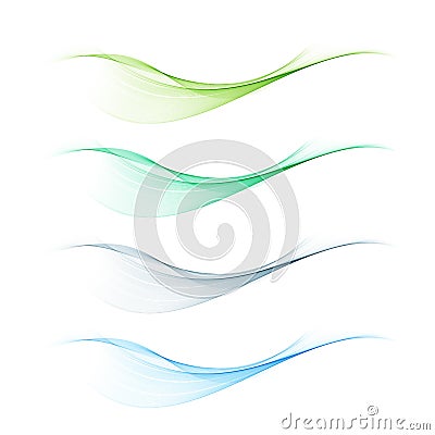 Set of abstract color wave smoke transparent blue green wavy Vector Illustration