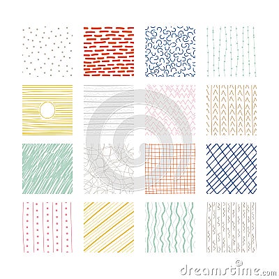 Set of abstract colored squares. Hand drawn backgrounds. Doodle drawings. Simple scratchy textures. Design elements. Pattern. Vector Illustration
