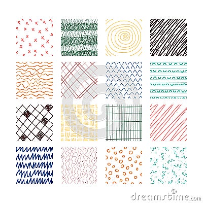 Set of abstract colored squares. Hand drawn backgrounds. Doodle drawings. Simple scratchy textures. Pattern. Design elements. Vector Illustration