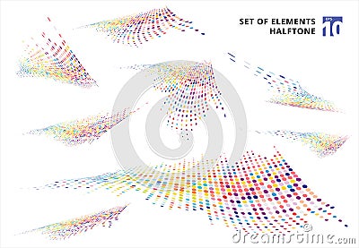 Set of abstract colorful halftone texture distortion wave dots pattern perspective isolated on white background Vector Illustration
