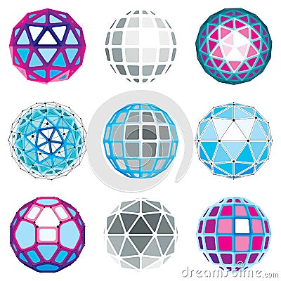 Set of abstract 3d faceted figures with connected lines. Vector Vector Illustration