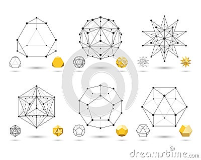 Set of abstract 3D geometric shapes from triangular faces for graphic design. Frames volumetric gold form with edges and vertices Vector Illustration