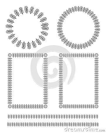 Set of abstract decorative elements frames and lines. Black line stylish design with plants. Square and round frames Vector Illustration