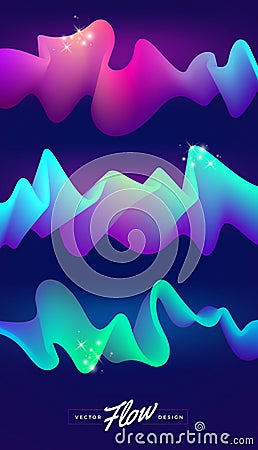Set of abstract design elements. Multicolored flow elements. Colorful waves on a dark background. Vector Illustration